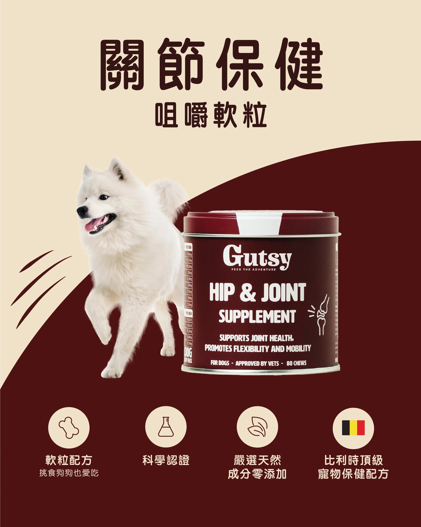 Gutsy Hip &amp; Joint Supplements 關節健康咀嚼軟粒（80 粒咀嚼）