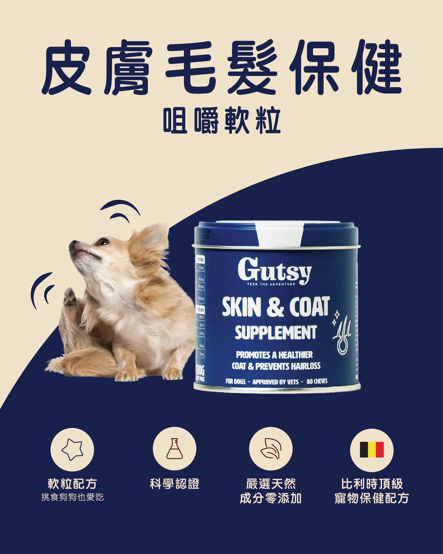 Gutsy Skin &amp; Coat Supplements 皮膚和毛髮健康咀嚼軟粒（80 咀嚼）