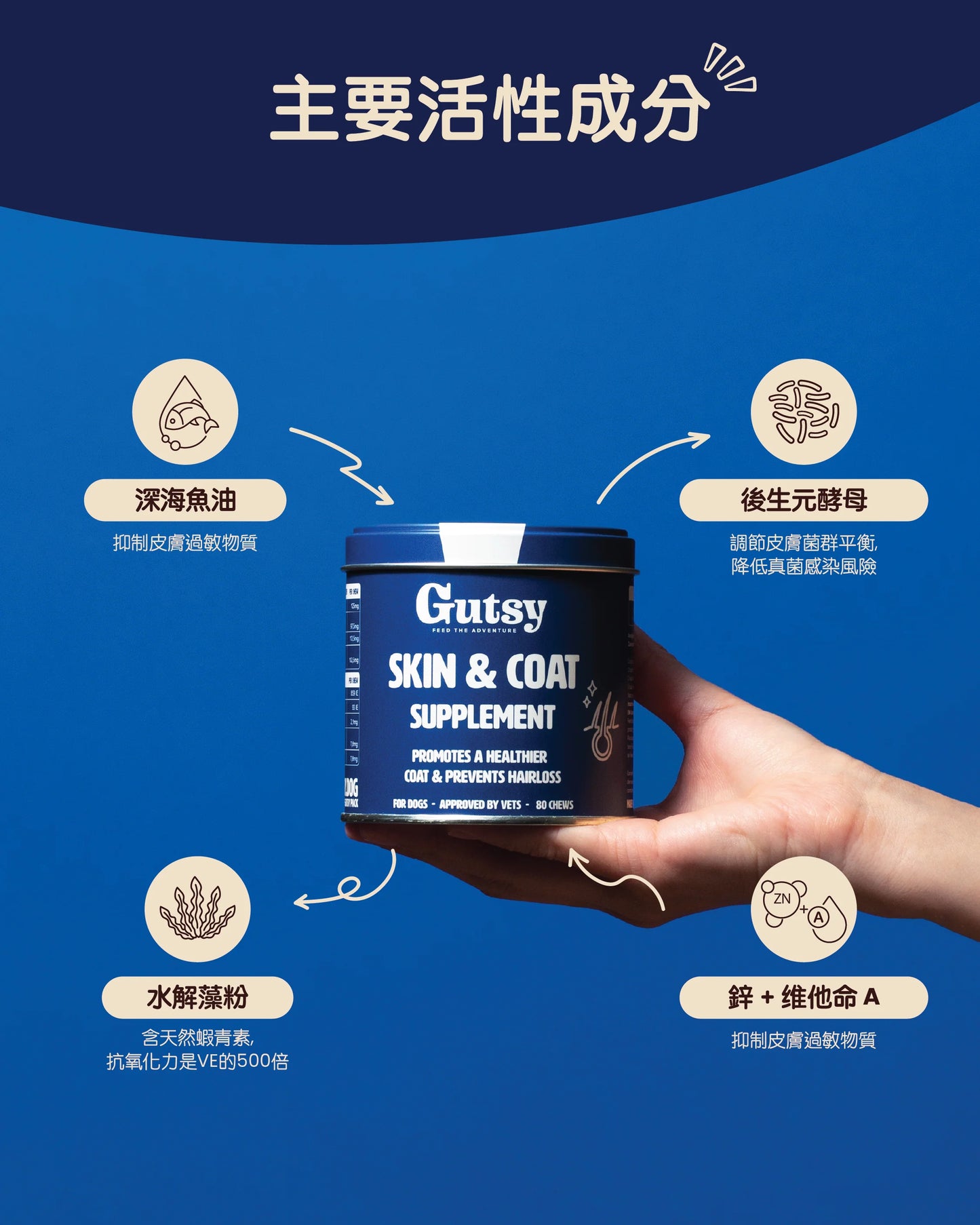 Gutsy Skin &amp; Coat Supplements 皮膚和毛髮健康咀嚼軟粒（80 咀嚼）